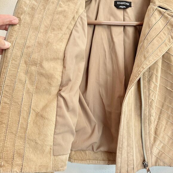 BEBE TAN SUEDE Textured LEATHER ZIP Bomber‎ JACKET COAT SIZE Medium - Picture 7 of 16